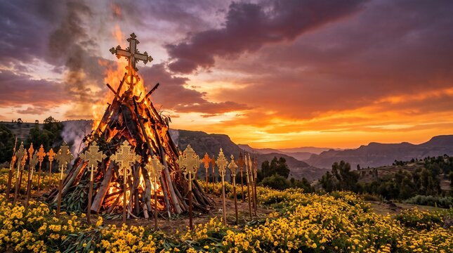 Meskel, magnificent ceremonial bonfire surrounded by golden Ethiopian crosses, vibrant yellow Meskel daisies and radiant sunset glow