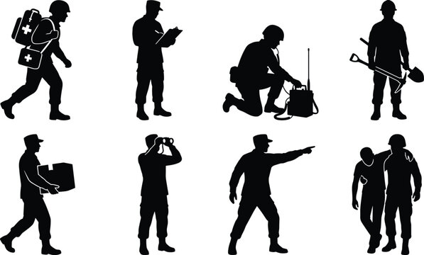 Military Personnel Black Silhouette Collection Featuring Medic Engineer Communications Officer Observer Logistics Worker and Rescue Team