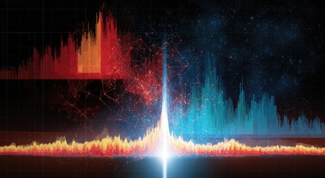 Abstract visualization of data streams, audio waves, and cosmic elements