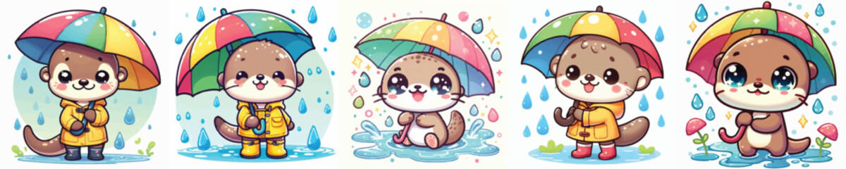 Vector of a cute cartoon otter character holding an umbrella in the rain © FirdianKrisna