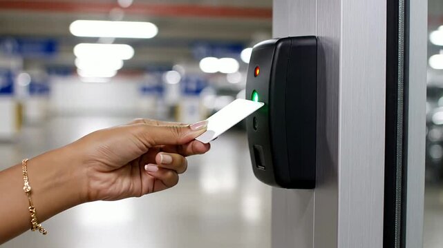 Macro Shot Of A Wall-Mounted Access Card Reader Next To A Secure Parking Garage