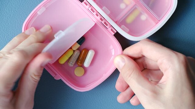 Close up woman hand taking medication tablet out of pink plastic pill organizer box. Daily healthcare routine, vitamin supplement dosage management. Woman taking pill out of pink pill organizer.
