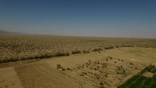 High angle aerial view captures expansive desert farm with patchwork green plots and dry sandy areas under bright daylight creating striking visual patterns in arid region.