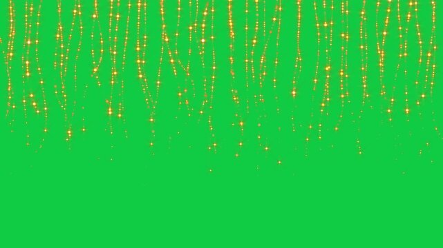 golden shiny and glittering particles strings isolated green screen animation,chroma key abstract luxury christmas and new year overlay social media motion design element