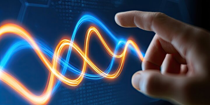 A fingertip touches flowing orange and blue energy waves against a dark blue background