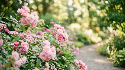 Fototapeta premium Pink flowering shrub blooming in garden path.