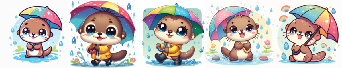 Vector of a cute cartoon otter character holding an umbrella in the rain © FirdianKrisna