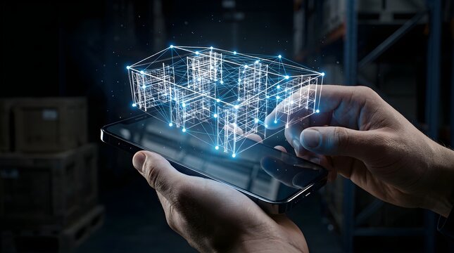 Logistics professional using augmented reality app to view warehouse storage rack layout