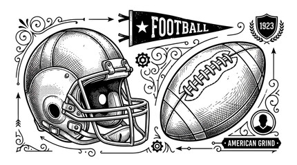 Vintage american football helmet and ball with classic team pennant © ulume