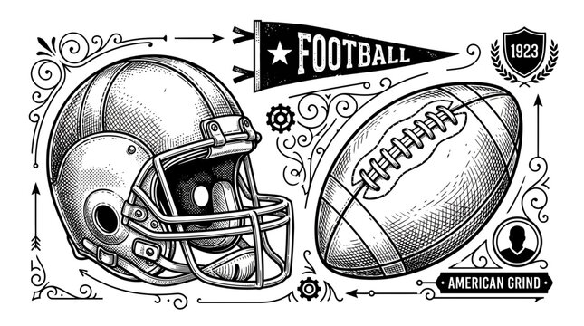 Vintage american football helmet and ball with classic team pennant