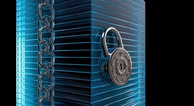 Metallic lock secures layered structure; heavy chain drapes beside it