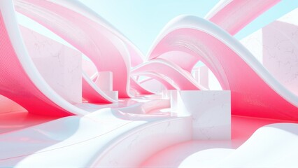 Fototapeta premium Abstract architecture. Smooth curves, pink hues, white structures create futuristic interior space. Minimalist design, bright lighting.