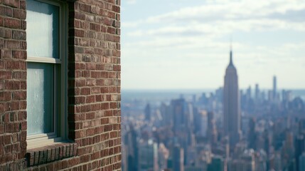 Naklejka premium Cityscape viewed from a brick building window, with distant skyscrapers