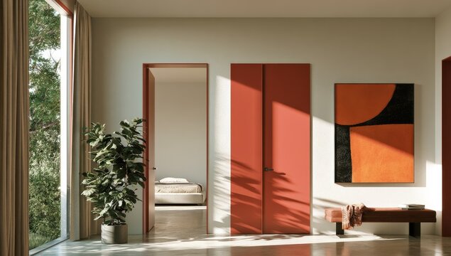 Modern interior with red doors, abstract art, and lush plant