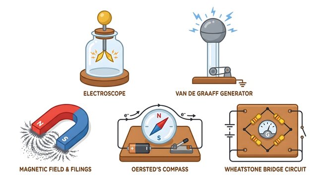 Science equipment including electroscope, Van de Graaff generator, magnetic field, compass, and Wheatstone bridge circuit are displayed.