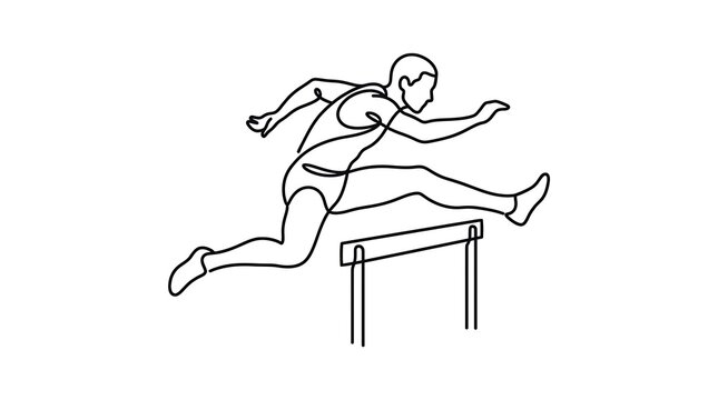 Athlete jumping over hurdle in continuous line art style