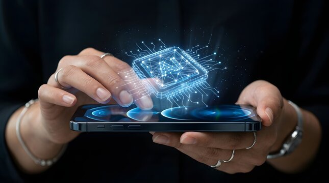 Artificial intelligence microchip technology hologram on smartphone with hologram, smartphone