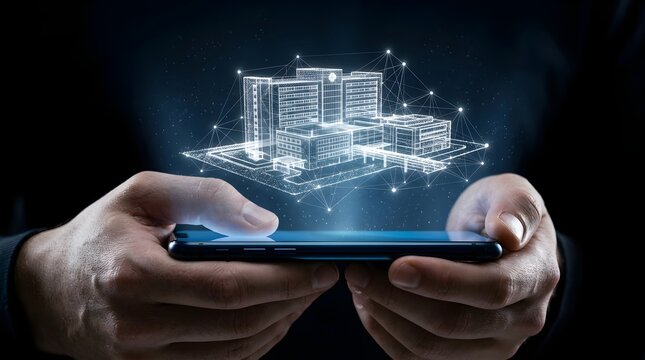 Smart architecture city building hologram projected from smartphone with architecture, building
