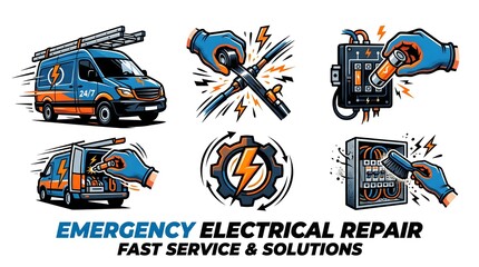 Naklejka premium Emergency electrical repair services with technicians fixing van and equipment
