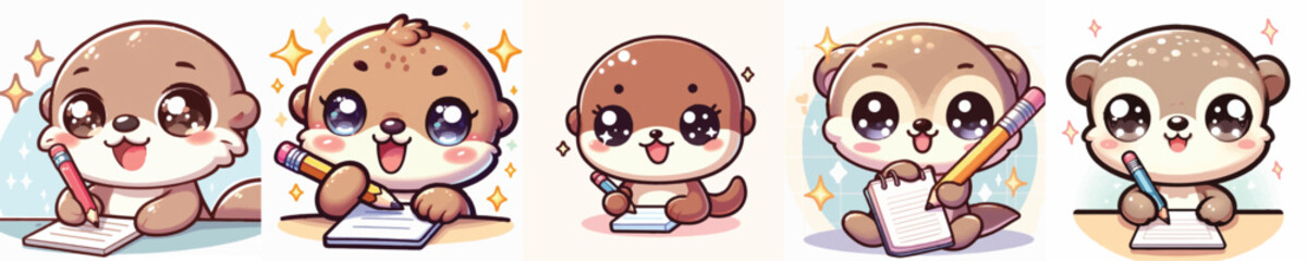 Vector of a cute cartoon otter character holding a pencil © FirdianKrisna
