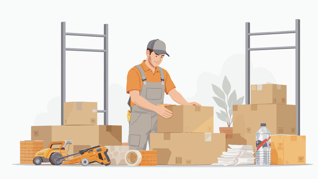 Professional mover carefully packing boxes for relocation and logistics services