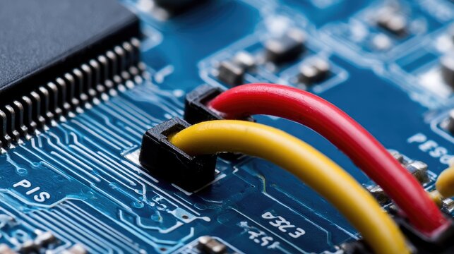 Extreme close-up of a blue circuit board with red and yellow wires connected