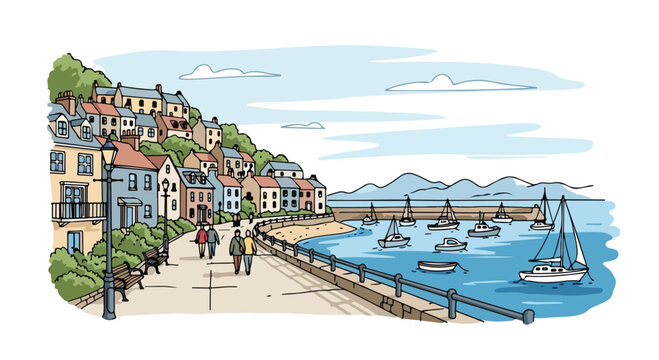 Hand drawn coastal village harbor vector, scenic seaside town with boats and houses, charming european fishing port illustration for travel tourism