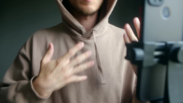 Close up male influencer wearing hoodie, emotionally rapping gesturing with hands, recording video, live streaming for social media on smartphone. Male rapper in hoodie gesticulating during livestream