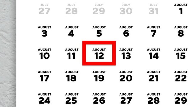 Red cursor highlighting August 12th on a 2026 wall calendar page