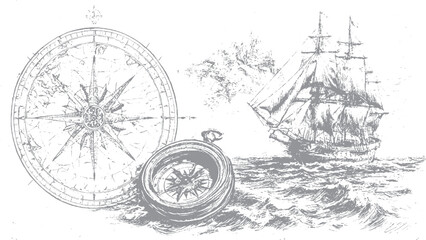 Vintage world map illustration with compass rose and sailing ship Antique nautical map featuring globe compass and old ship © VECTOR HOUSE