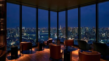 Fototapeta premium Luxurious lounge with panoramic city skyline views at dusk