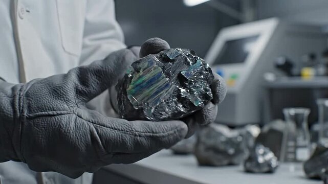 Macro Shot Of Hands Wearing Heavy-Duty Grey Gloves Holding A Colorful Mineral Specimen In A Laboratory Environment