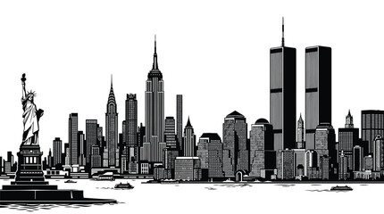 Fototapeta premium Iconic Statue of Liberty standing before a detailed black and white New York city skyline