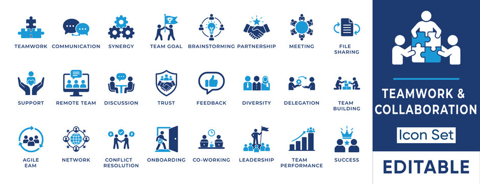 Teamwork and collaboration solid icon set. Includes symbols for Agile Team, Conflict Resolution, and Employee Onboarding. Vector icons for human resource management and corporate synergy.