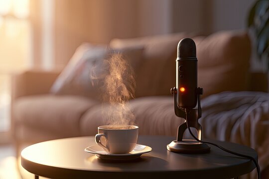 Warm steaming coffee cup beside a podcast microphone on table