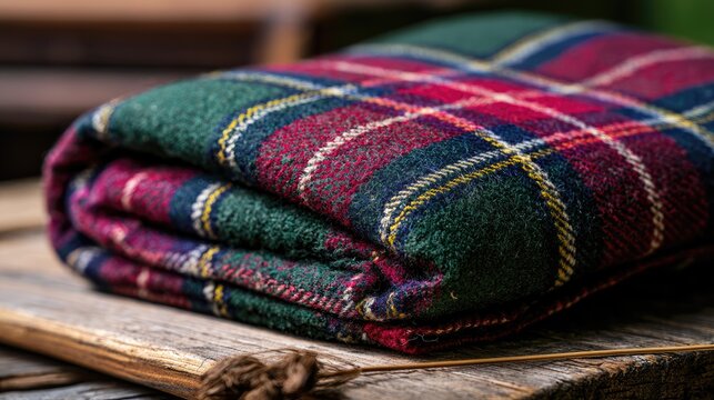 Folded textile with a green, red, and blue plaid pattern