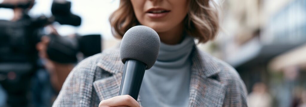 Female reporter holding microphone and speaking in city setting  