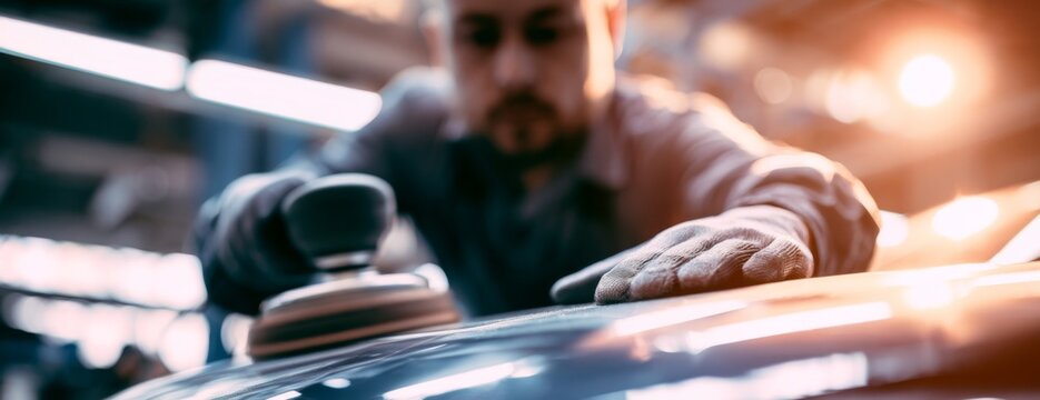 Auto worker man sanding car body with polishing tool in workshop  