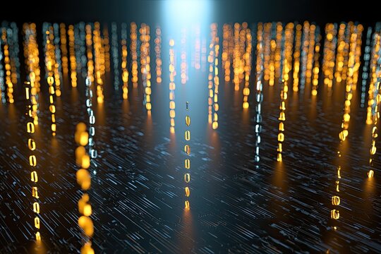 Glowing digital streams of binary code descend from a bright light