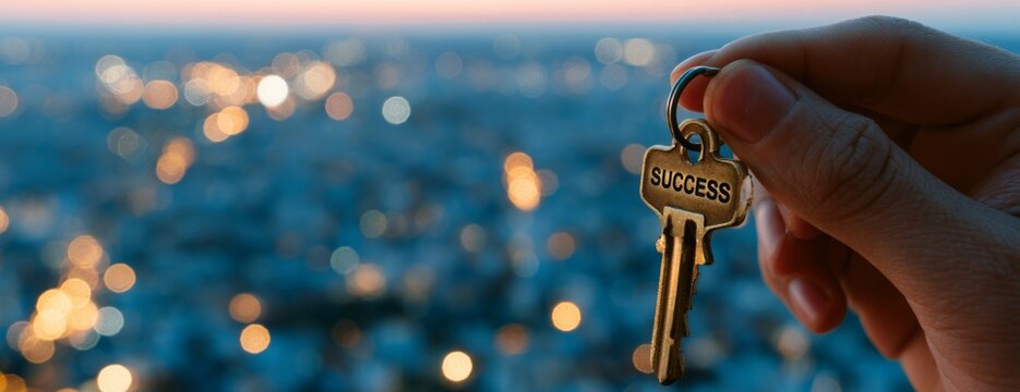 Person holding a key with tag "success" against city skyline at dusk  