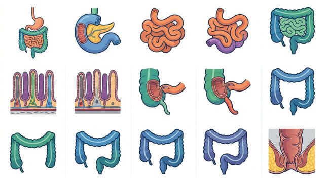 Illustration of Human Digestive System Organs and Intestinal Villi.