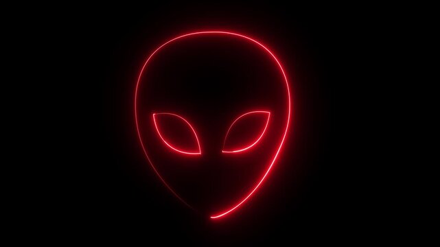 Glowing neon alien head outline animation on black background