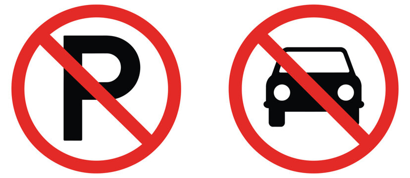 No parking prohibition sign icons, showing no car restriction symbols, traffic control markings, road safety guidance, vehicle prohibition notices, and clean flat vector illustration.