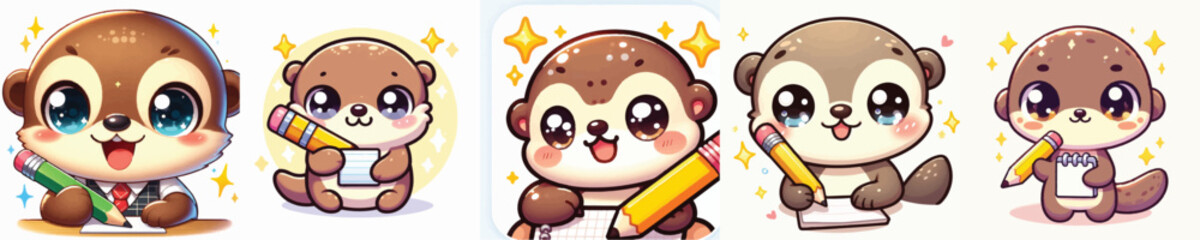 Vector of a cute cartoon otter character holding a pencil © FirdianKrisna