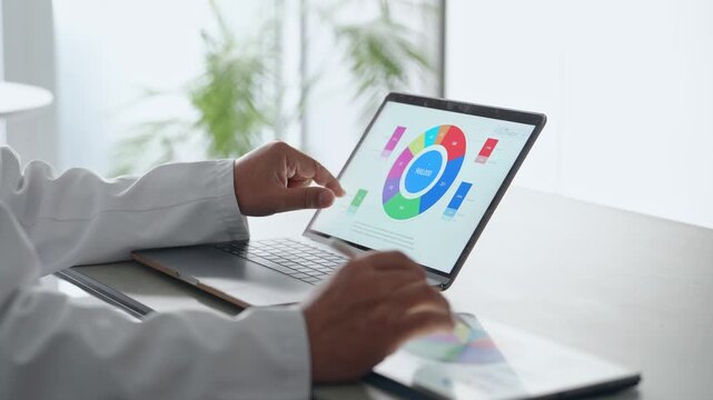 ノートパソコンとタブレットPCを使って作業する白衣の男性。科学、研究、開発、医療、医師、グラフ、分析