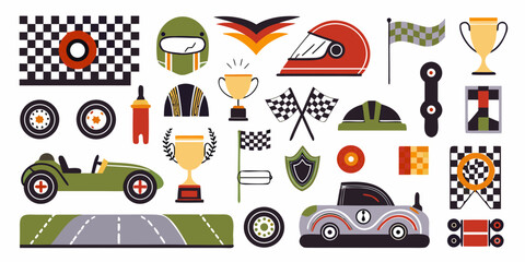 Obraz premium Racing Elements Vector Illustration With Cars Helmets And Flags
