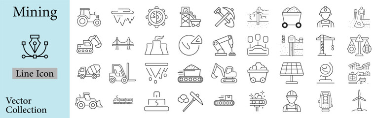  Mining icons set with editable stroke, including diamond, gold, torch, mining saw, ground, shovel, mine, bulldozer, minerals, etc. Thin linear vector illustration.  © Sheikh Art