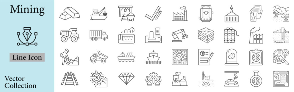  Mining icons set with editable stroke, including diamond, gold, torch, mining saw, ground, shovel, mine, bulldozer, minerals, etc. Thin linear vector illustration. 