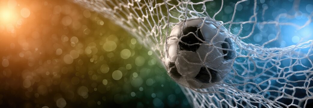 A goal scored! A soccer ball caught in a net against a blurred, bokeh background