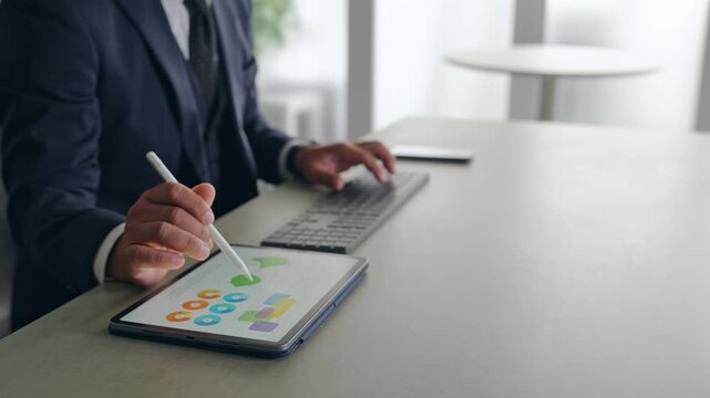 A man working with a computer and a tablet PC. DX, IT, business, work, desk work, office work, operations.